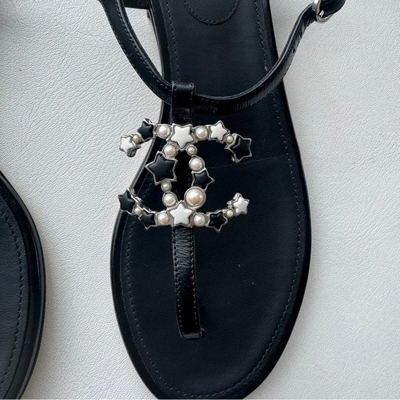Chanel shoes slingback sandals leather Pearl silver stars 38.5 black new - Picture 7 of 10